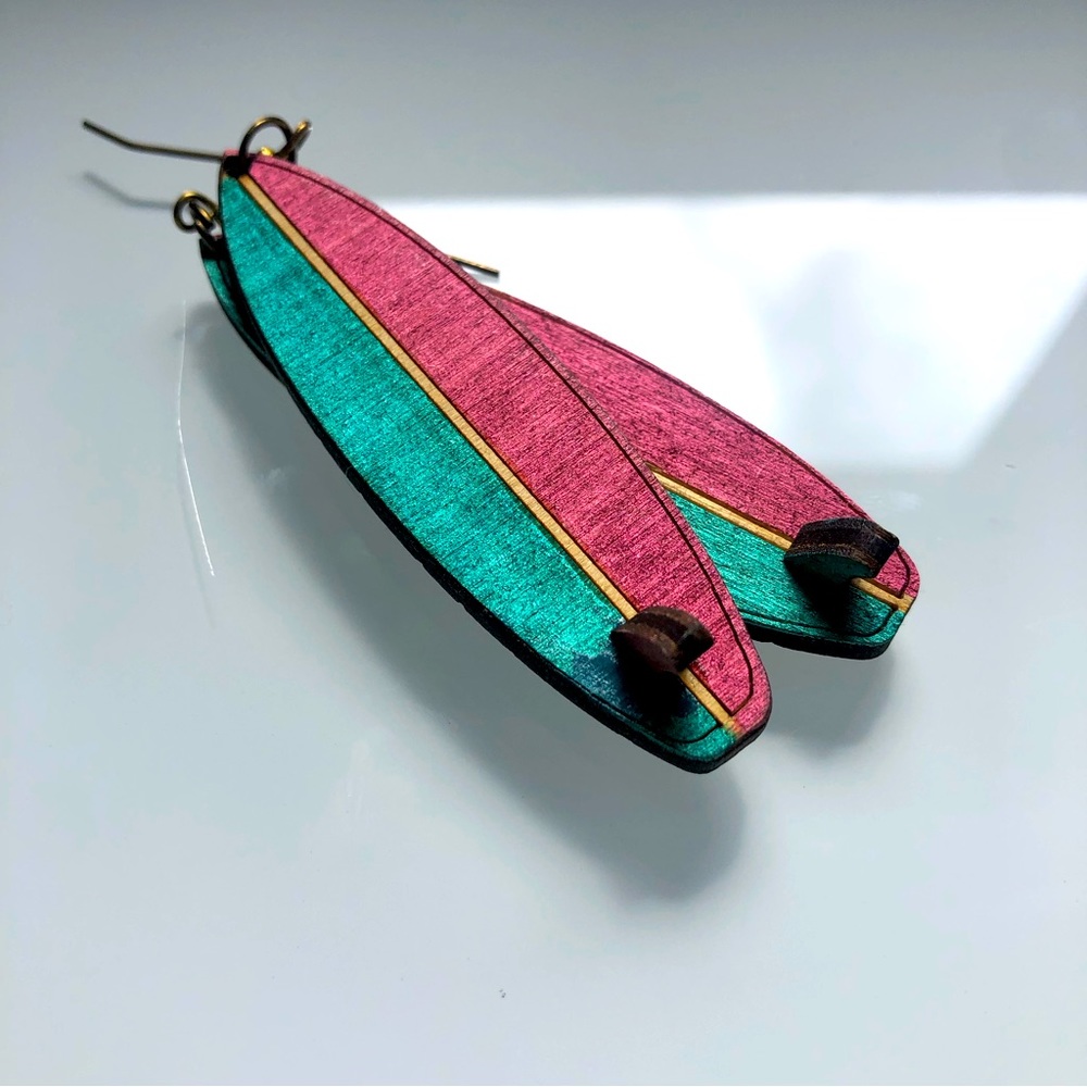 Surfboard Earrings | Lightweight wood | hand painted pink/aqua with bronze back